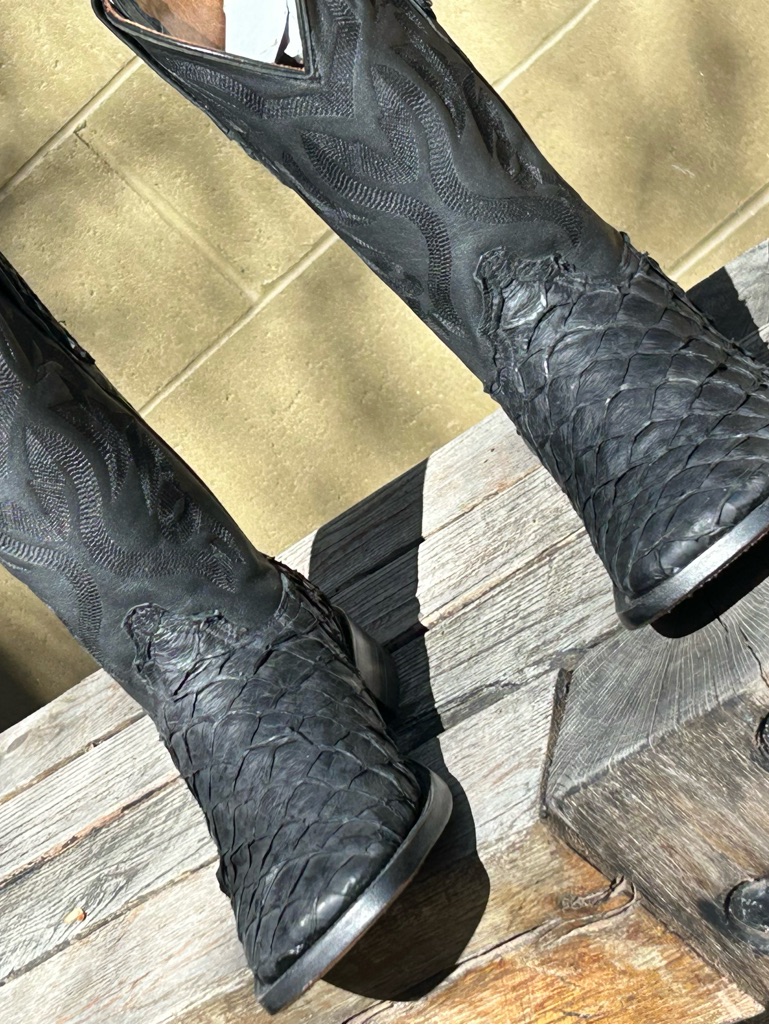 Ranchers Black On Black Matte Pescado Wide Square Toe Cowboy Boots Size 9d